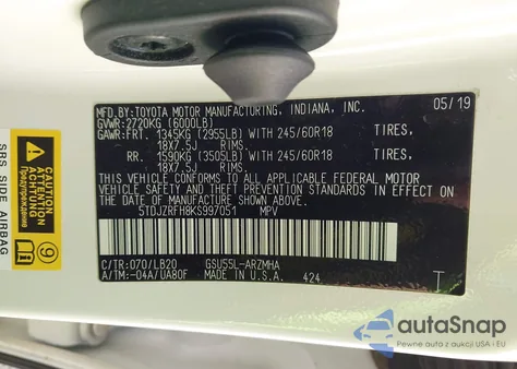 2019 Toyota Highlander Xle z USA, uszkodzony, nr VIN 5TDJZRFH8KS997051